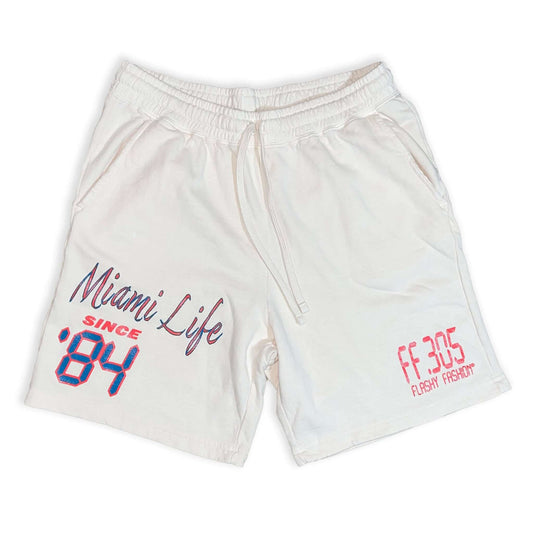 Miami Life Shorts features the FF.305 design on lower left leg. On the right leg is our Miami Life text design with Since '84, the year our CEO was born. Both designs are screenprinted to match our Miami Life: Sunshine & Good Vibes T-Shirt. Shorts are 6.5