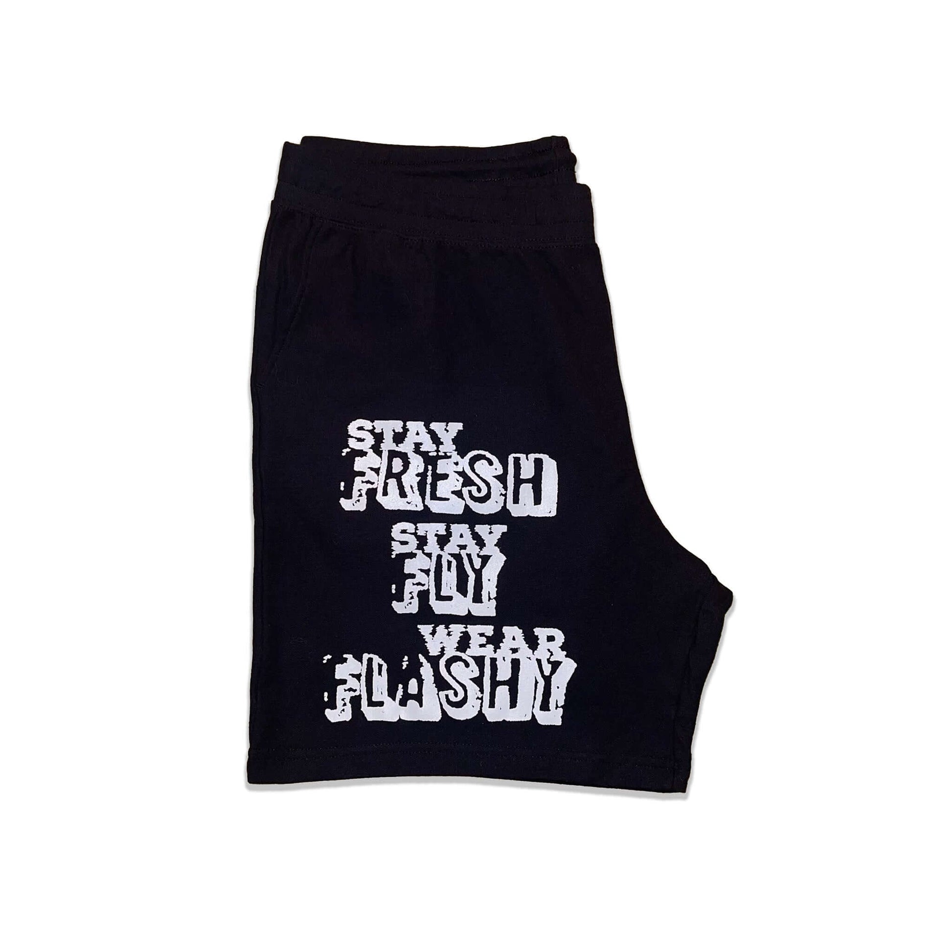 Shorts feature a white screenprinted design with "Stay Fresh, Stay Fly, Wear Flashy" on the right leg and the Property of Flashy Fashion design on lower left leg. Shorts are 6.5 oz 100% heavyweight ring spun cotton pique fabric. Covered elastic waistband