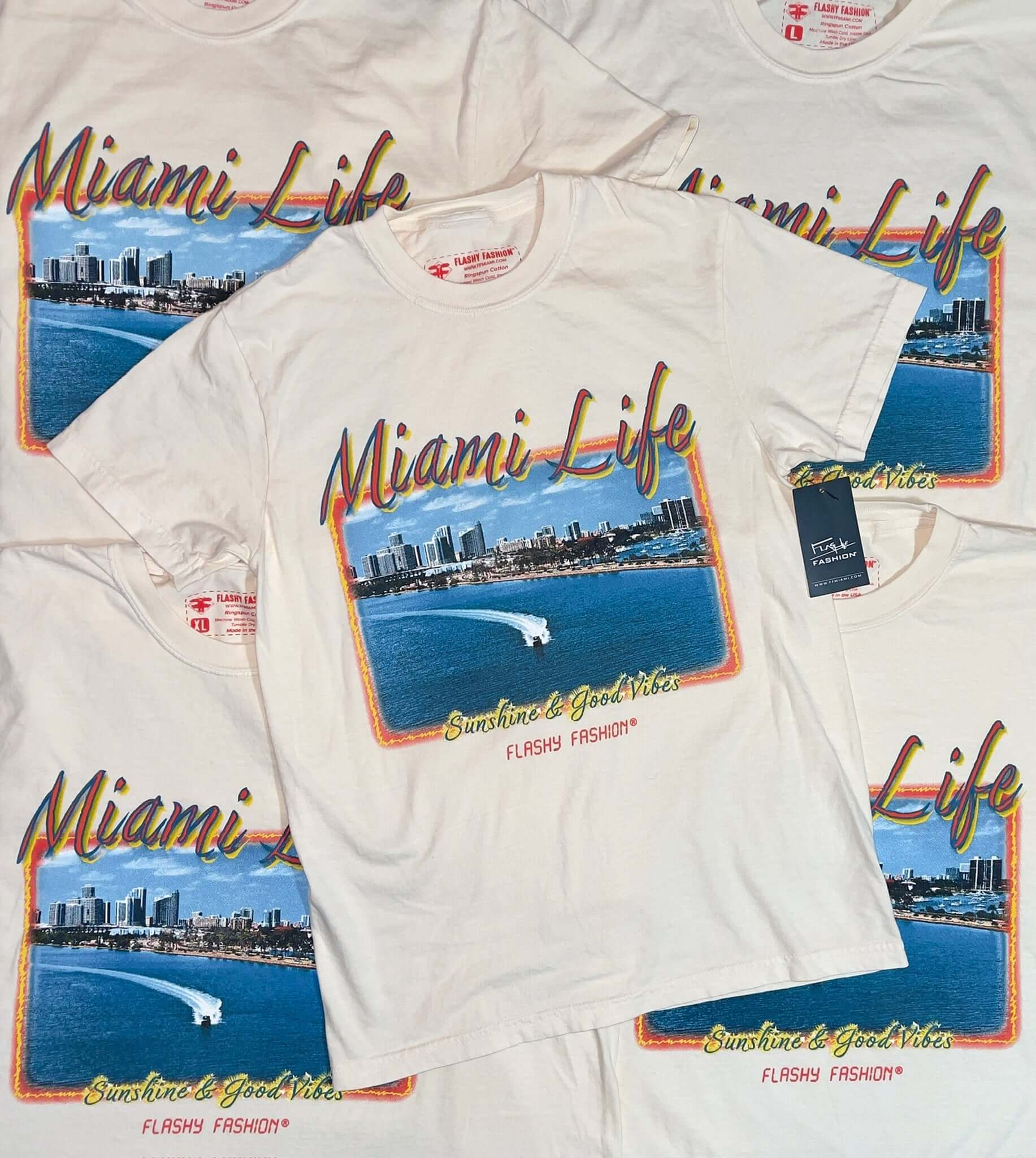 T-Shirt features a photo of a scene in Miami, FL redesigned as a painting with the Miami Life & Sunshine & Good Vibes. Screenprinted on an ivory garment-dyed heavyweight t-shirt. T-shirts are 6.1 oz. 100% soft ring-spun cotton with a relaxed fit.