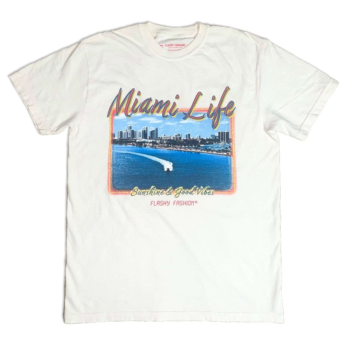 T-Shirt features a photo of a scene in Miami, FL redesigned as a painting with the Miami Life & Sunshine & Good Vibes. Screenprinted on an ivory garment-dyed heavyweight t-shirt. T-shirts are 6.1 oz. 100% soft ring-spun cotton with a relaxed fit.